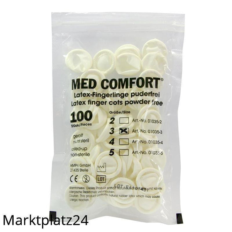 MED COMFORT Latex Fingerlinge, gerollt/ungepudert, Gr.4, unsteril, 100 St/Btl. - Marktplatz24