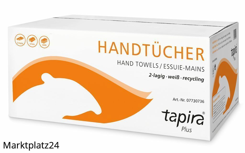 TAPIRA plus Handtuchpapier, 2lg, 24,5x21cm, V-Falz, weiß, Recycling, 4000 Bl/Krt. - Marktplatz24