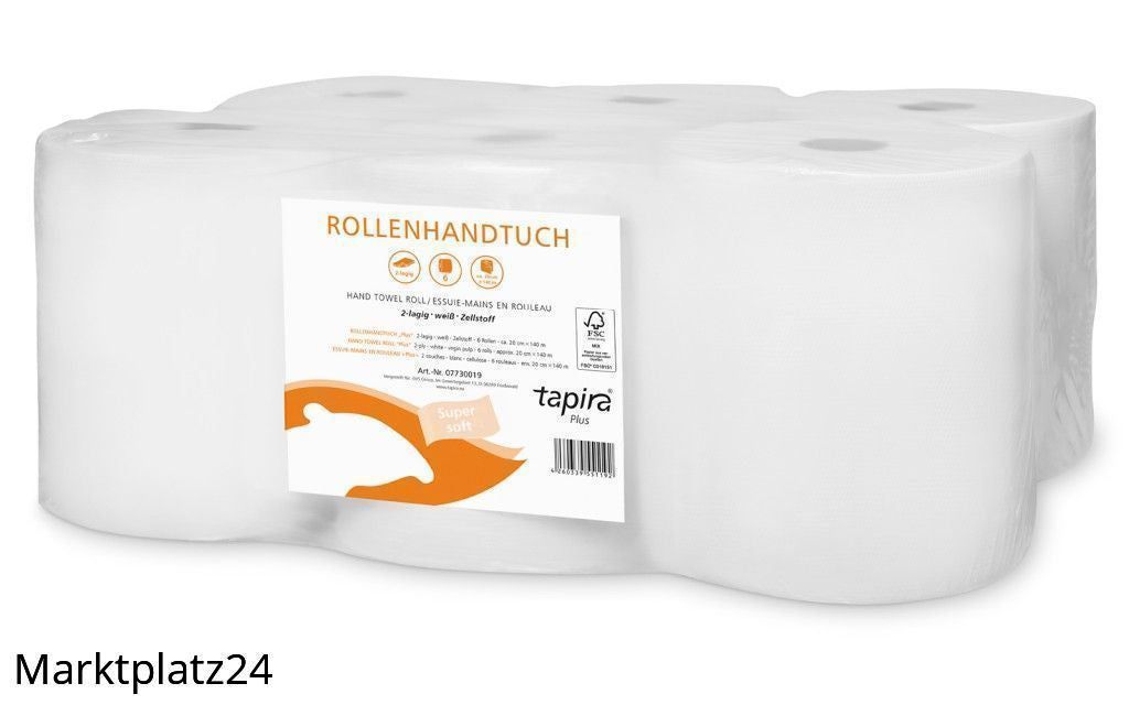 TAPIRA plus Rollenhandtuch, 2lg, 19,8cmx140m, weiß, Zellstoff, 6 Ro/VE - Marktplatz24