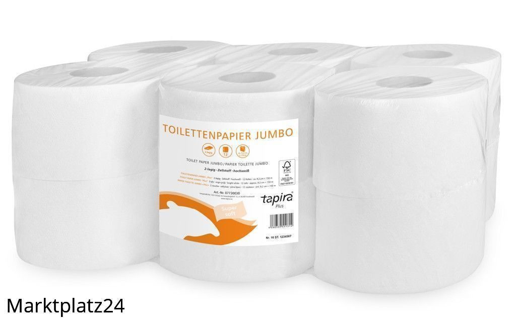 TAPIRA plus Toilettenpapier Mini Jumbo, 2lg, 9x25cm, hochweiß, Recycling, Folienverpackung, 150m, 12 Ro/VE - Marktplatz24