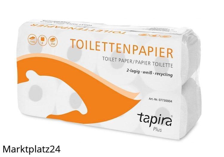 TAPIRA plus Toilettenpapier, 2lg, 9,5x11cm, 250 Bl., weiß, Recycling, Folienverpackung, 8x8 Ro/VE - Marktplatz24