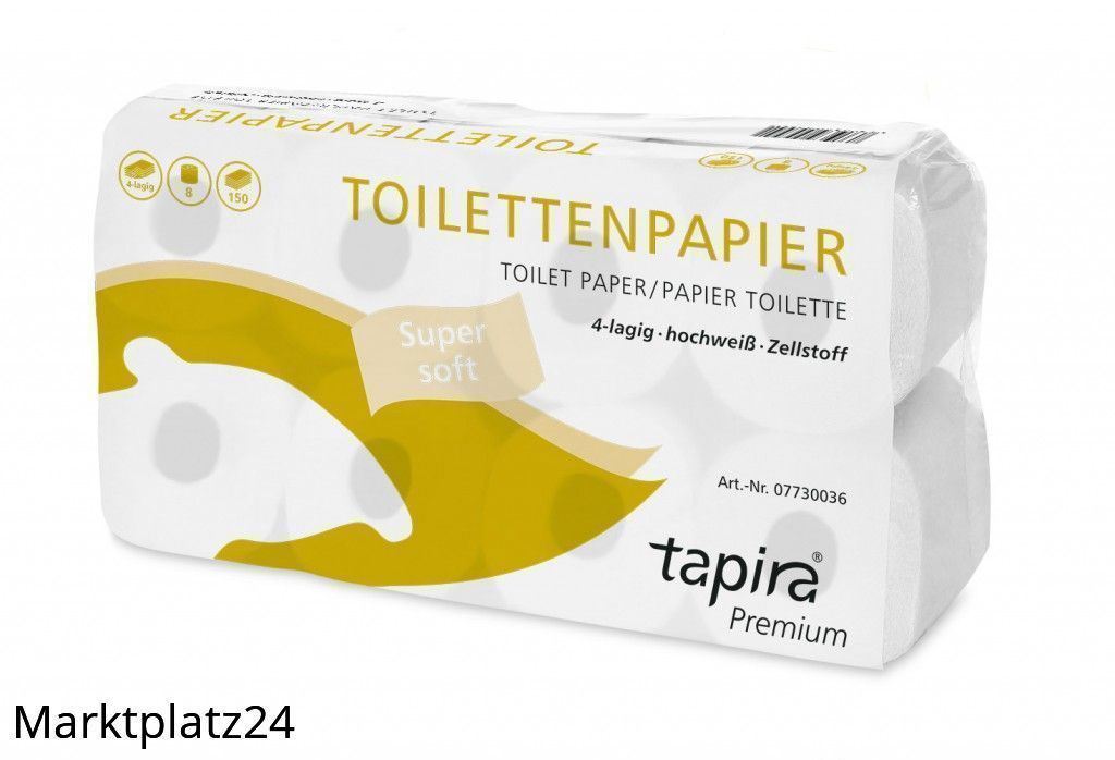 TAPIRA premium Toilettenpapier, 4lg, 9,5x13cm, 150 Bl., hochweiß, Zellstoff, 9x8 Ro/VE - Marktplatz24