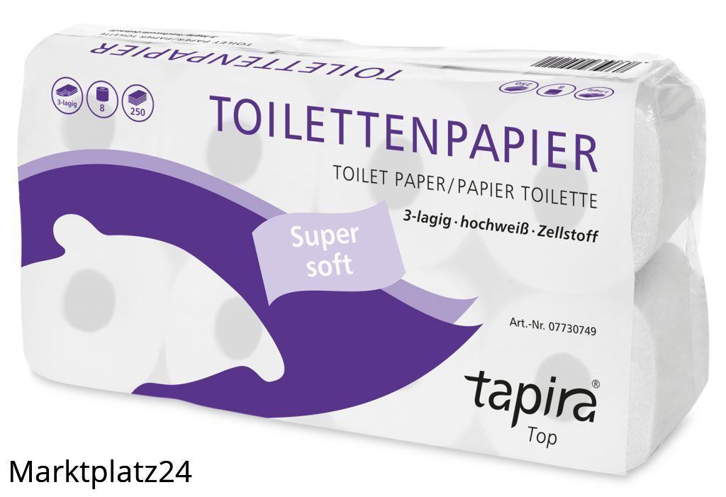 TAPIRA top Toilettenpapier, 3lg, 9,4x11,5cm, 250 Bl., hochweiß, Zellstoff, 8x8 Ro/VE - Marktplatz24