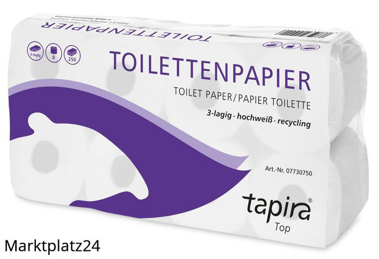 TAPIRA top Toilettenpapier, 3lg, 9,5x11cm, 250 Bl., hochweiß, Recycling, 8x8 Ro/VE - Marktplatz24