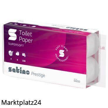 Toilettenpapier Satino Prestige, 4lg, 9,5x13cm, 150 Blatt, hochweiß, Zellstoff, 9x8 Ro/VE - Marktplatz24