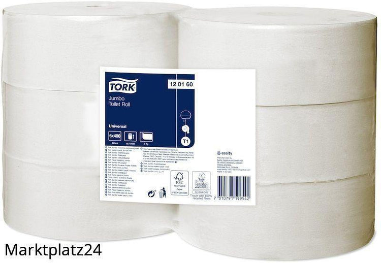 Tork Universal Toilettenpapier Jumbo Rolle, 1lg - 480 m/Ro., weiß, perforiert, ungeprägt, Blatt:10x20cm, T1 Jumbo Ro. System, 6 Ro/VE - Marktplatz24